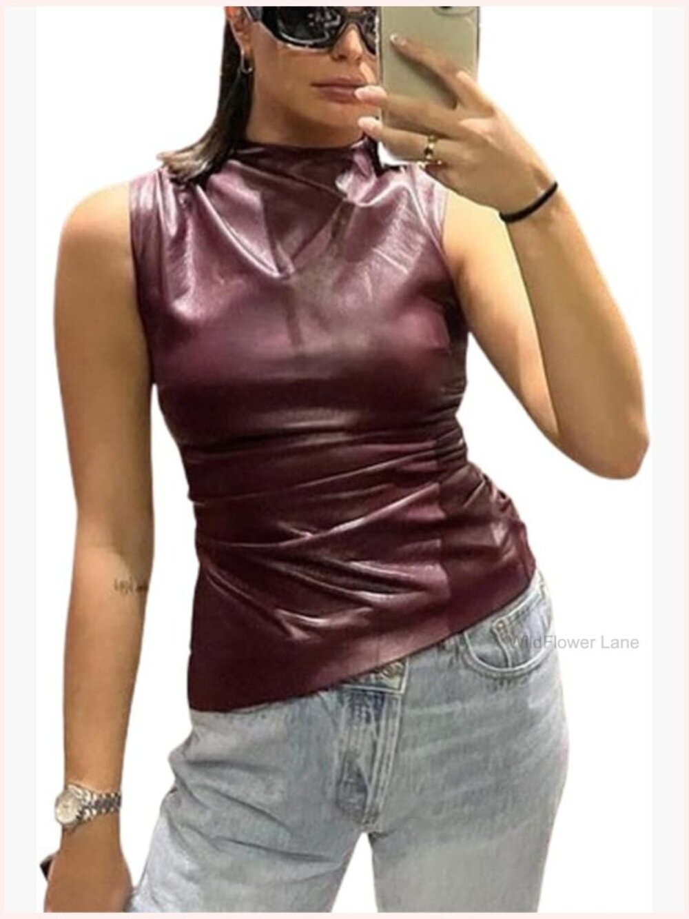 Faux Leather Pleated Sleeveless Mock Neck Tank Top